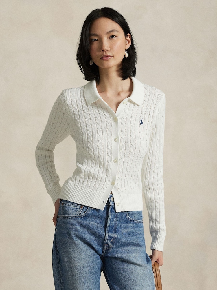 Polo Ralph Lauren White Cable Knit 100% Cotton Cardigan - Image 1 of 4