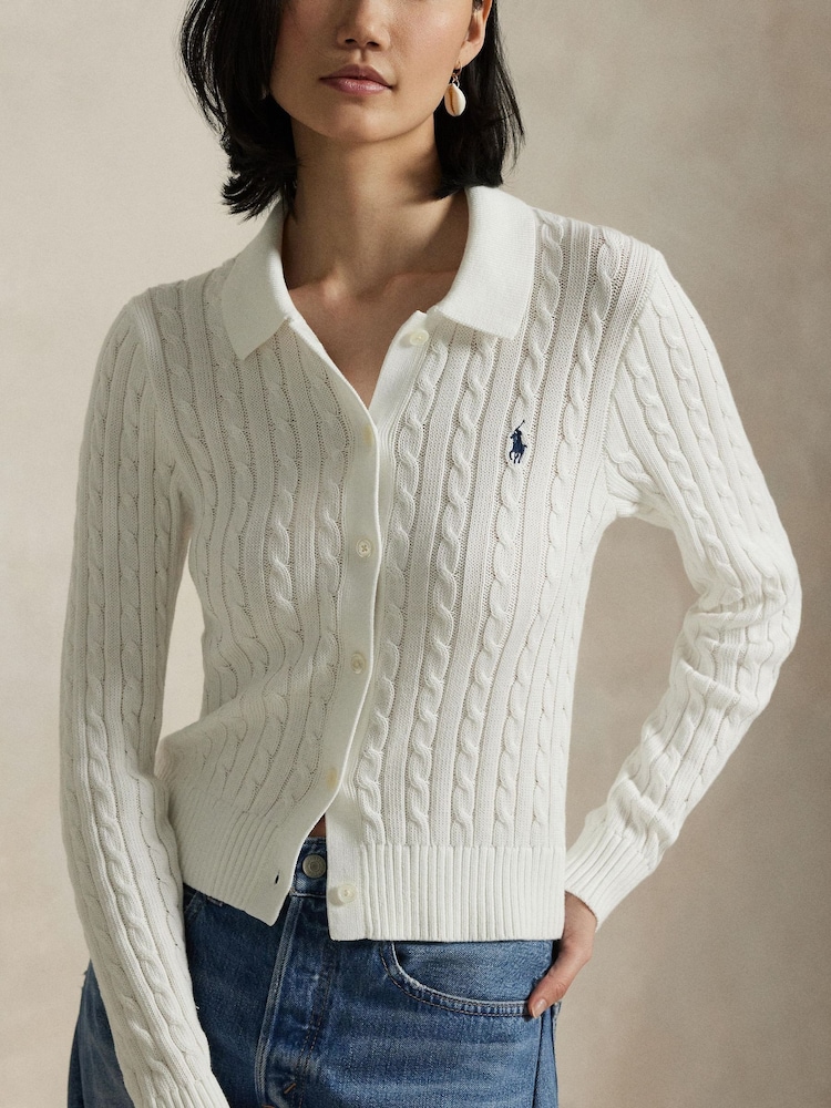 Polo Ralph Lauren White Cable Knit 100% Cotton Cardigan - Image 4 of 4
