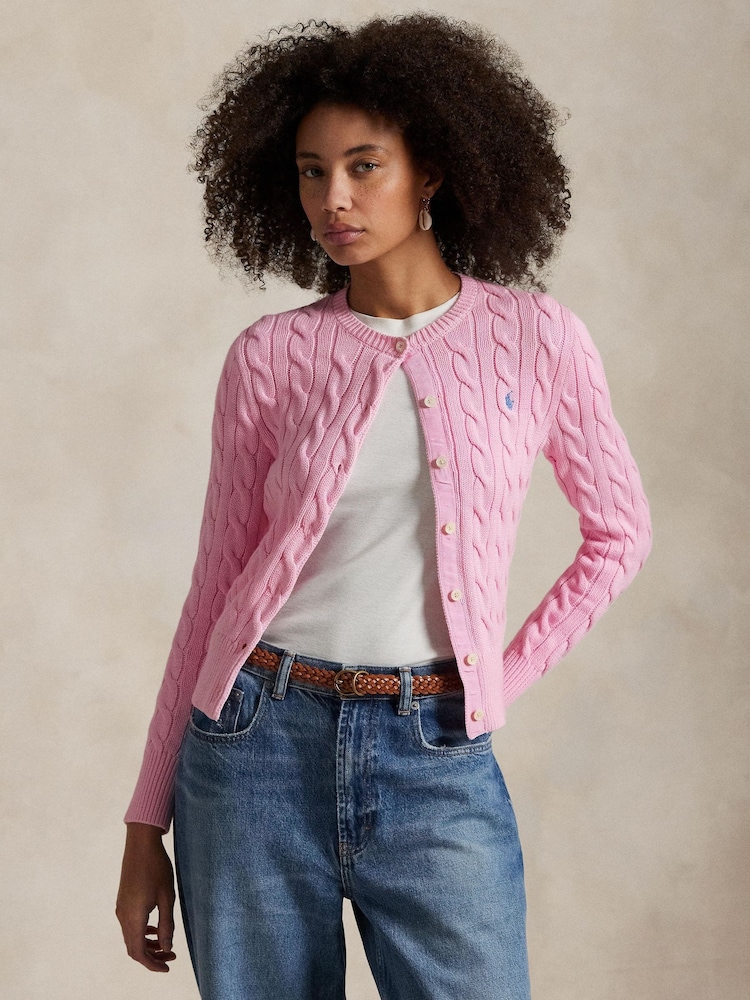 Polo Ralph Lauren Pink Cable Knit Crewneck 100% Cotton Cardigan - Image 1 of 5