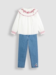JoJo Maman Bébé White Embroidered Blouse & Jeans Set - Image 1 of 9