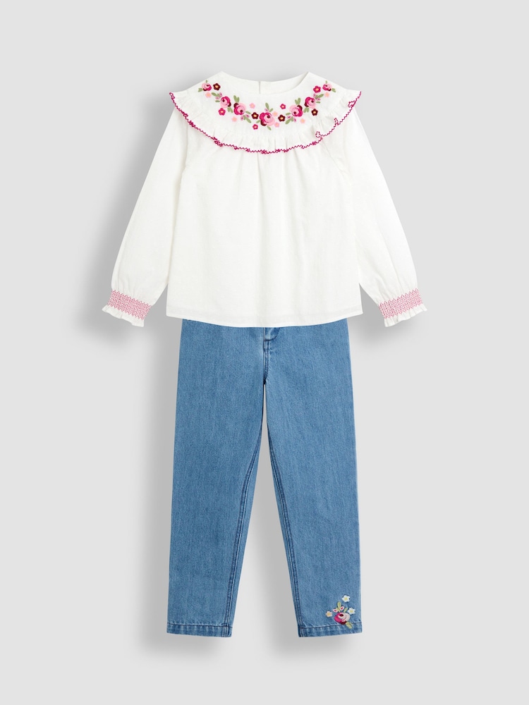 JoJo Maman Bébé White Embroidered Blouse & Jeans Set - Image 1 of 9