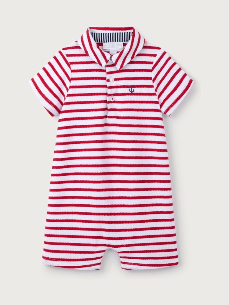 The White Company Baby Red 100% Cotton Terry Stripe Romper - Image 5 of 5
