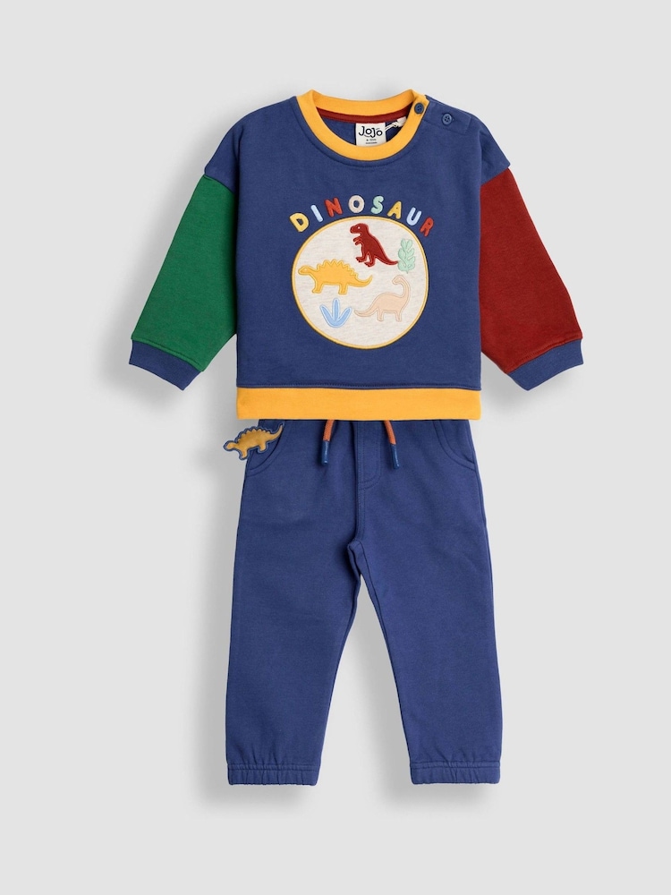 JoJo Maman Bébé Indigo Blue Dinosaur 2-Piece Drop Shoulder Sweatshirt & Joggers Set - Image 1 of 7