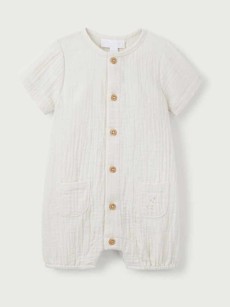The White Company White Crinkle 100% Cotton Giraffe Embroidered Rompersuit - Image 1 of 2 The White Company White Crinkle 100% Cotton Giraffe Embroidered Rompersuit - Image 1 of 2
