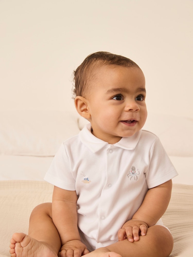 The White Company 100% Cotton Beach Friends Embroidered White Rompersuit - Image 1 of 5