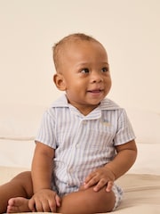 The White Company Blue Crinkle 100% Cotton Stripe Crab Embroidered Rompersuit - Image 1 of 4