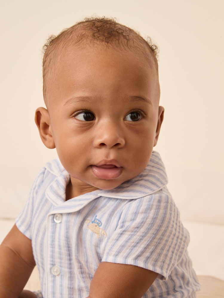 The White Company Blue Crinkle 100% Cotton Stripe Crab Embroidered Rompersuit - Image 2 of 4