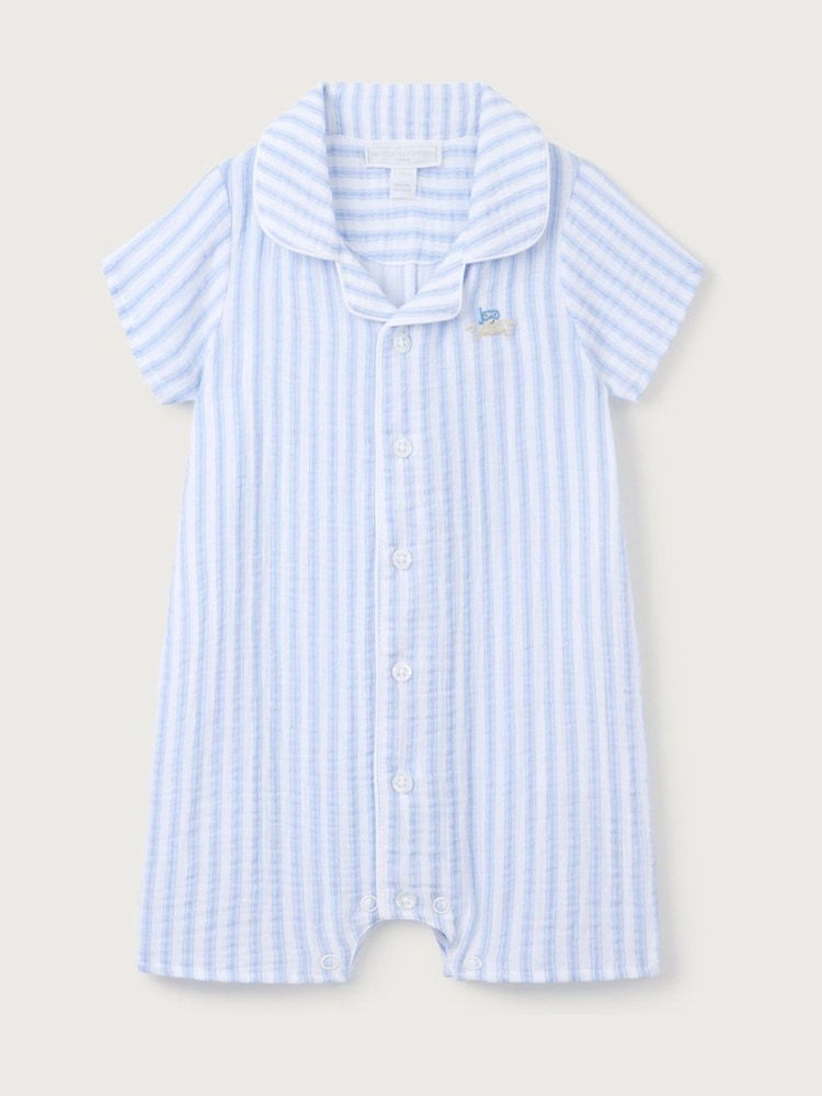 The White Company Blue Crinkle 100% Cotton Stripe Crab Embroidered Rompersuit - Image 4 of 4