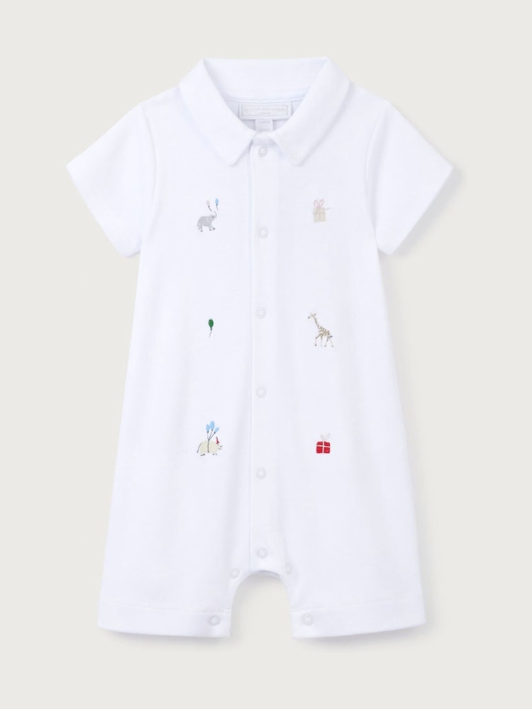 The White Company 100% Cotton Party Animals Embroidered Shorts White Rompersuit - Image 5 of 5