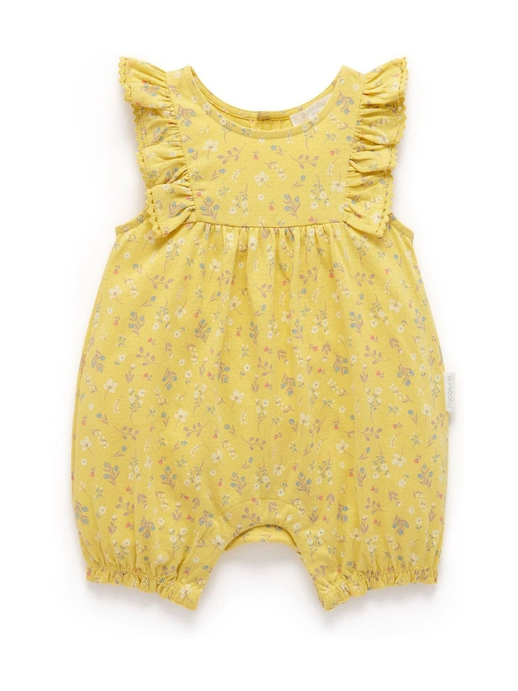 Purebaby Yellow Sunshine Ruffle 100% Cotton Shortie Rompersuits - Image 1 of 4
