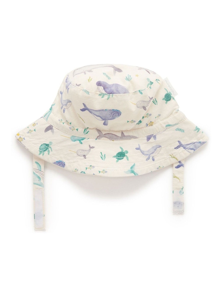 Purebaby Blue Whale Print 100% Cotton Bucket Hat - Image 1 of 4