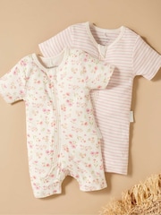 Purebaby Pink Turtle Print Short Sleeve 100% Cotton Sleepsuits 2 Pack - Image 1 of 5