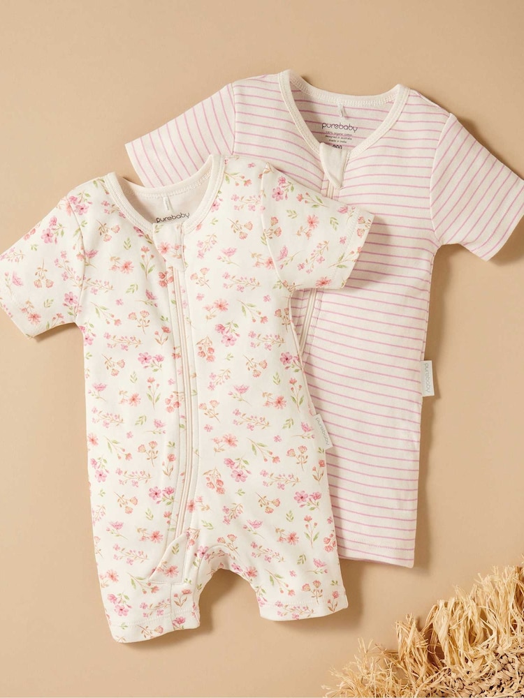 Purebaby Pink Turtle Print Short Sleeve 100% Cotton Sleepsuits 2 Pack - Image 1 of 5