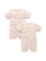 Purebaby Pink Turtle Print Short Sleeve 100% Cotton Sleepsuits 2 Pack - Image 2 of 5