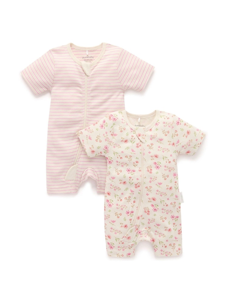 Purebaby Pink Turtle Print Short Sleeve 100% Cotton Sleepsuits 2 Pack - Image 2 of 5