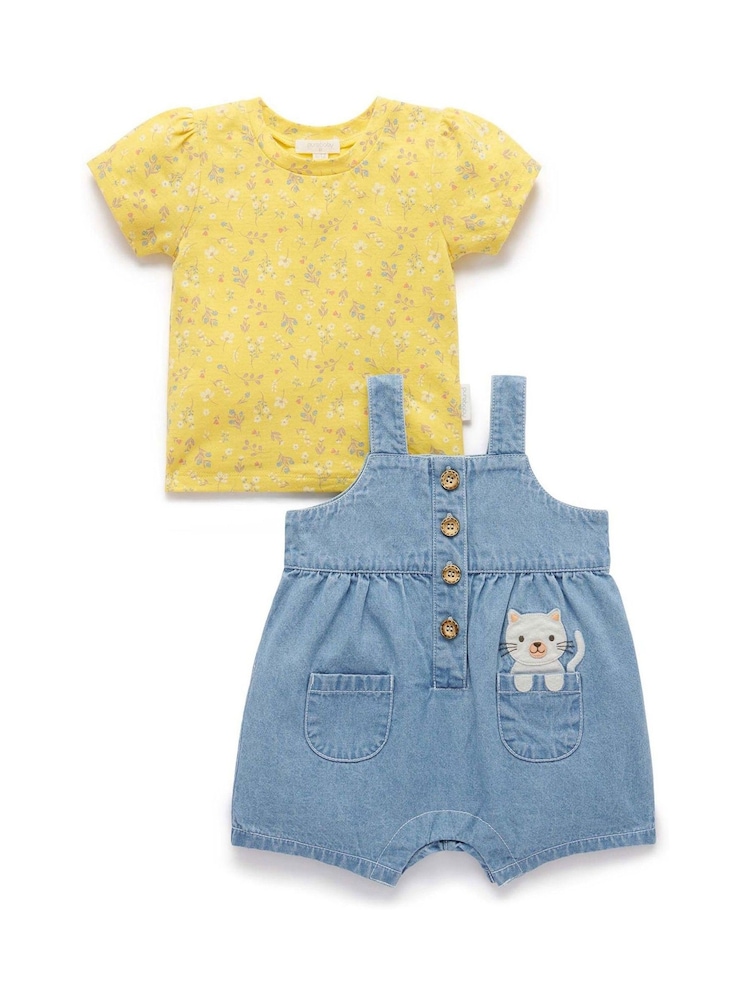 Purebaby Blue Denim 100% Cotton Dungaree and T-Shirt Set - Image 2 of 6