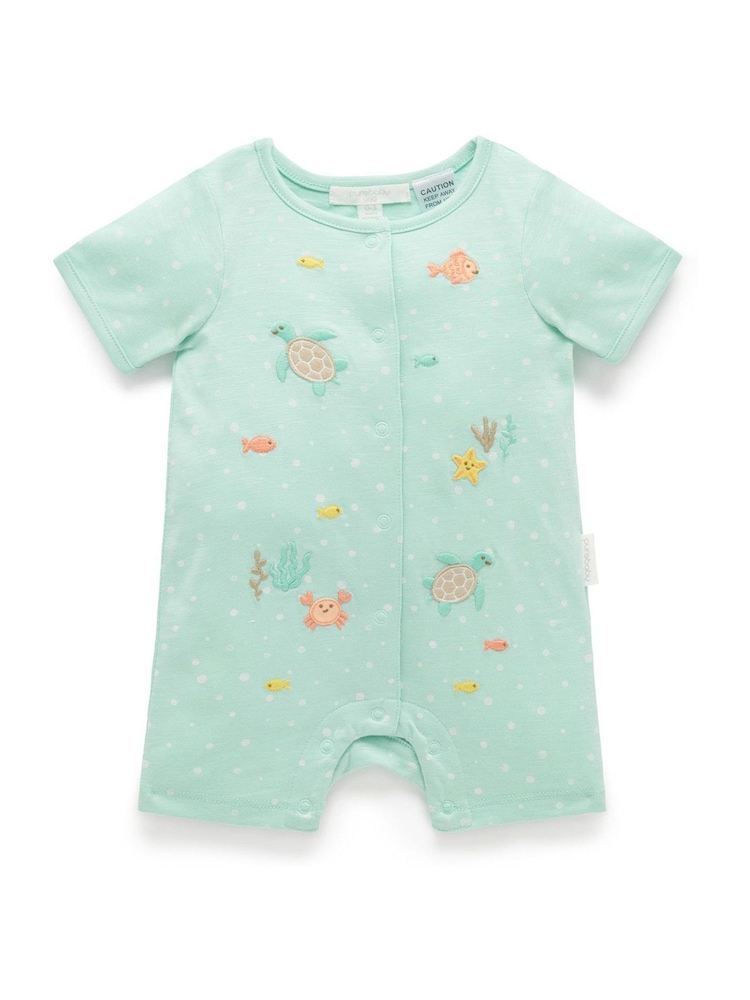 Purebaby Green Under The Sea 100% Cotton Short Rompersuits - Image 2 of 5
