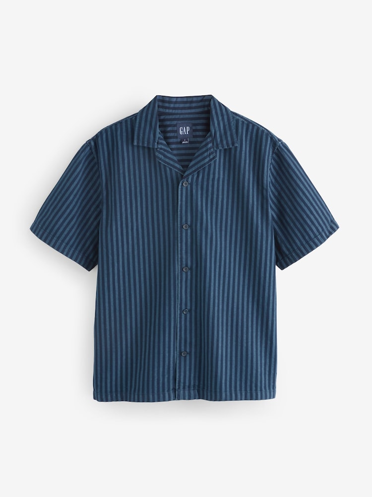 Gap Blue/Navy Stripe Short Sleeve Stripe Denim Shirt - Image 1 of 5 Gap Blue/Navy Stripe Short Sleeve Stripe Denim Shirt - Image 1 of 5