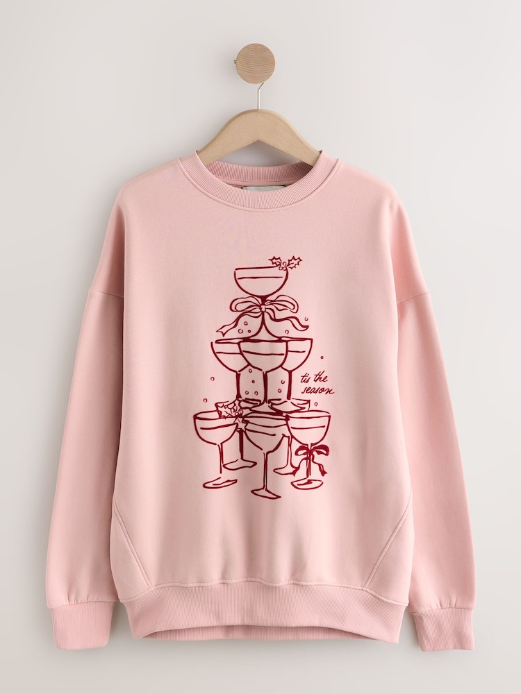 Pink Seasonal Christmas Graphic Champagne Tree Longsleevee Crewneck Sweatshirt - Image 1 of 3
