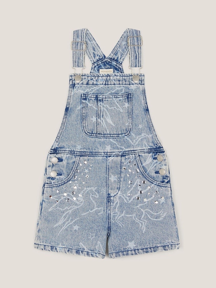 Monsoon Blue Unicorn Print Denim 100% Cotton Dungarees - Image 1 of 3