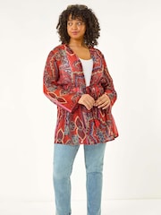 Roman Red Curve Georgette Tie Front Kimono Blouse - Image 1 of 5