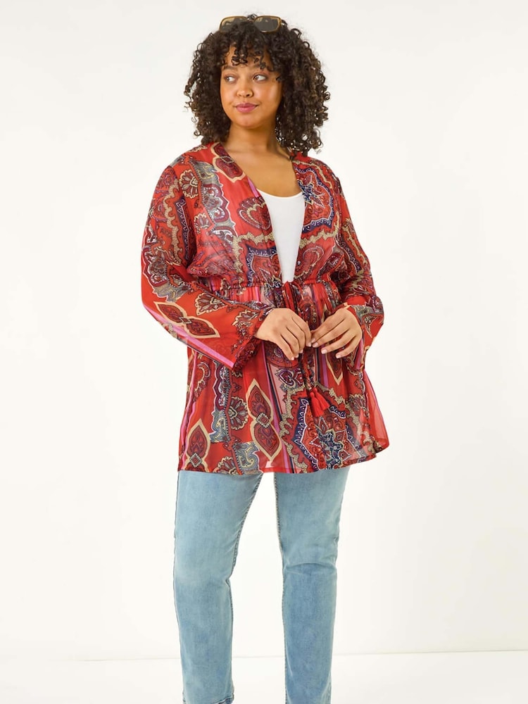 Roman Red Curve Georgette Tie Front Kimono Blouse - Image 1 of 5