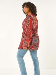 Roman Red Curve Georgette Tie Front Kimono Blouse - Image 2 of 5