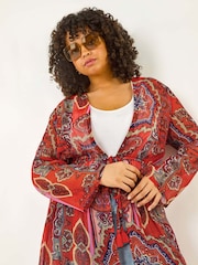 Roman Red Curve Georgette Tie Front Kimono Blouse - Image 4 of 5