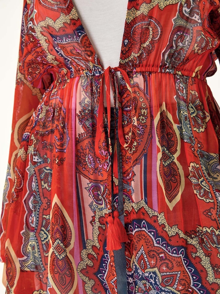 Roman Red Curve Georgette Tie Front Kimono Blouse - Image 5 of 5