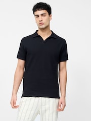 French Connection Black Blend Stripe Knit Open Collar Short Sleeve Polo Shirt - Image 1 of 6