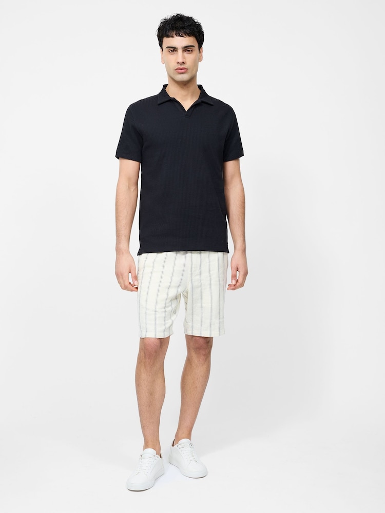 French Connection Black Blend Stripe Knit Open Collar Short Sleeve Polo Shirt - Image 2 of 6