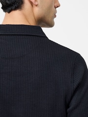 French Connection Black Blend Stripe Knit Open Collar Short Sleeve Polo Shirt - Image 5 of 6