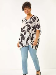 Roman Black Curve Large Floral Print Cocoon Blouse - Image 1 of 5