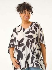 Roman Black Curve Large Floral Print Cocoon Blouse - Image 2 of 5