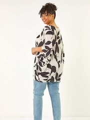Roman Black Curve Large Floral Print Cocoon Blouse - Image 3 of 5