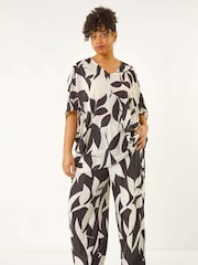 Roman Black Curve Large Floral Print Cocoon Blouse - Image 4 of 5