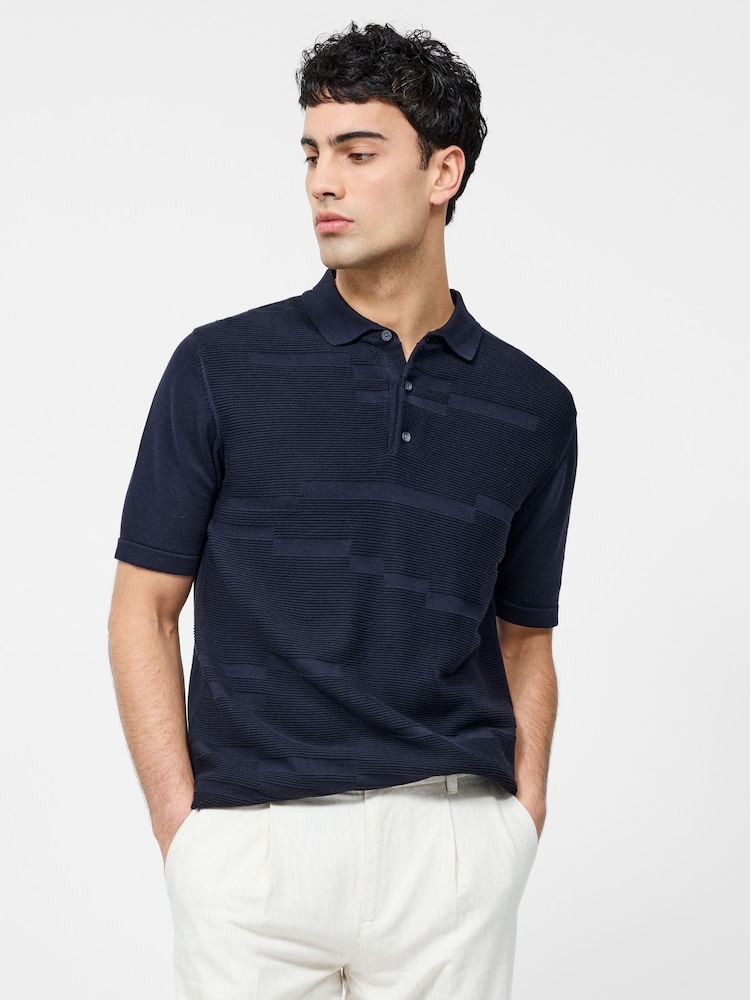 French Connection Blue 100% Cotton Textured Block Print Short Sleeve Button Polo Top - Image 1 of 5