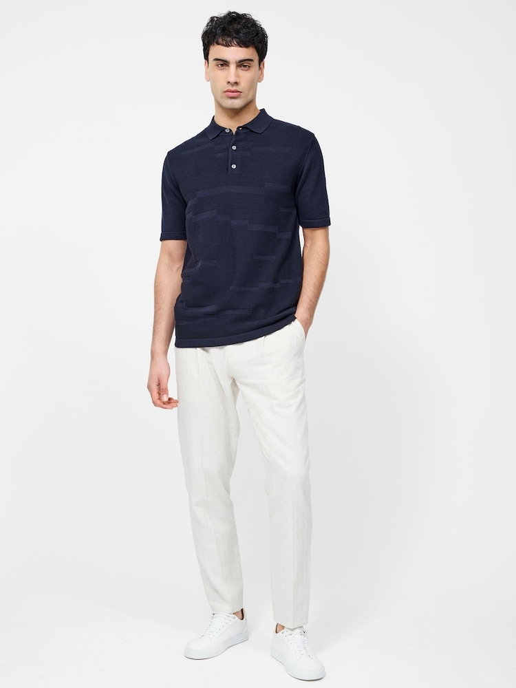 French Connection Blue 100% Cotton Textured Block Print Short Sleeve Button Polo Top - Image 2 of 5