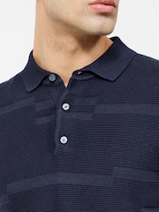 French Connection Blue 100% Cotton Textured Block Print Short Sleeve Button Polo Top - Image 4 of 5