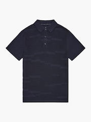 French Connection Blue 100% Cotton Textured Block Print Short Sleeve Button Polo Top - Image 5 of 5