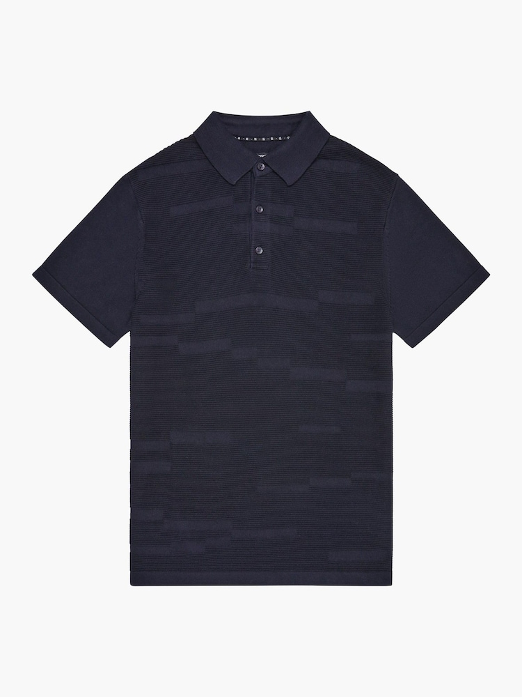French Connection Blue 100% Cotton Textured Block Print Short Sleeve Button Polo Top - Image 5 of 5