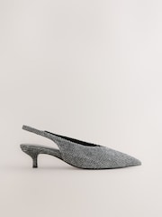 Grey Herringbone Standard/Wide Fit Point Toe Low Slingback Kitten Heels Shoes - Image 1 of 5