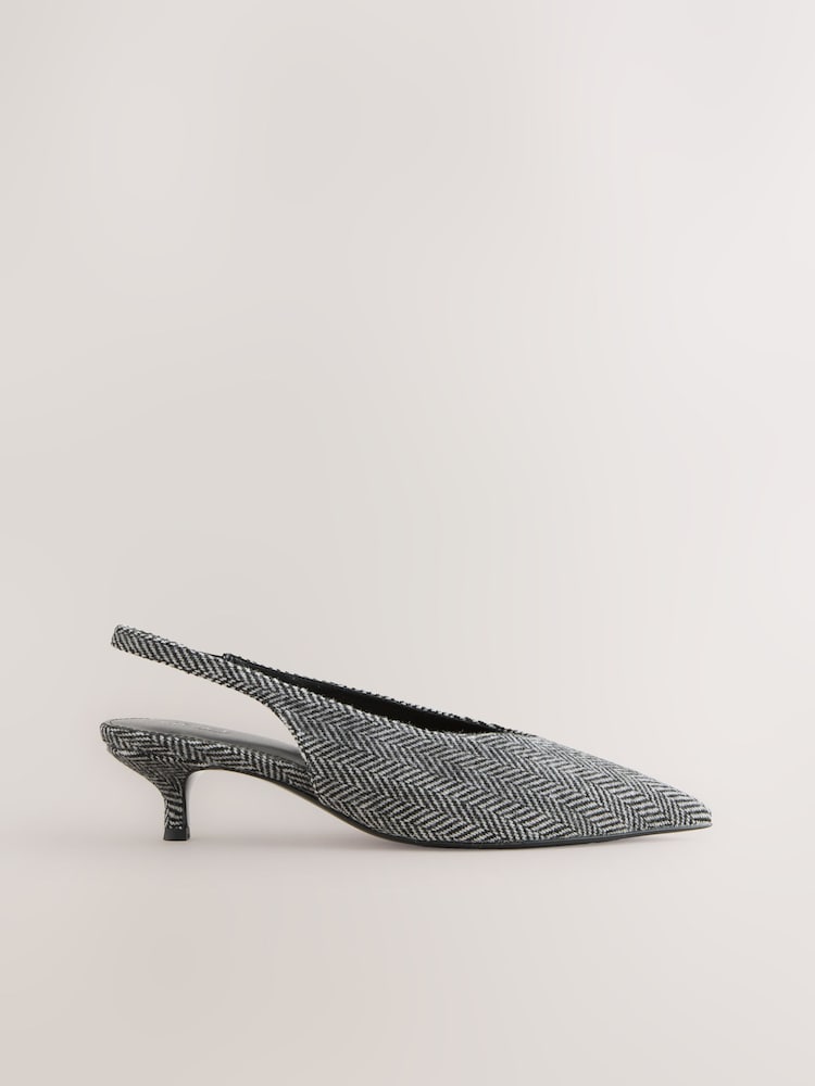Grey Herringbone Standard/Wide Fit Point Toe Low Slingback Kitten Heels Shoes - Image 1 of 5