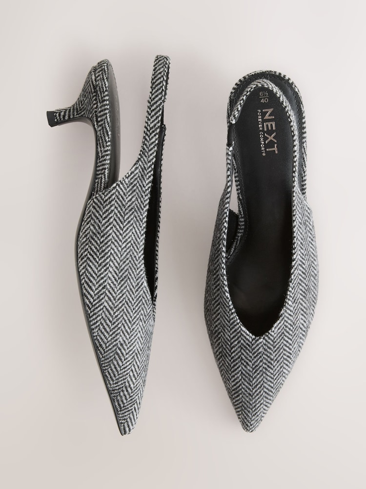 Grey Herringbone Standard/Wide Fit Point Toe Low Slingback Kitten Heels Shoes - Image 2 of 5