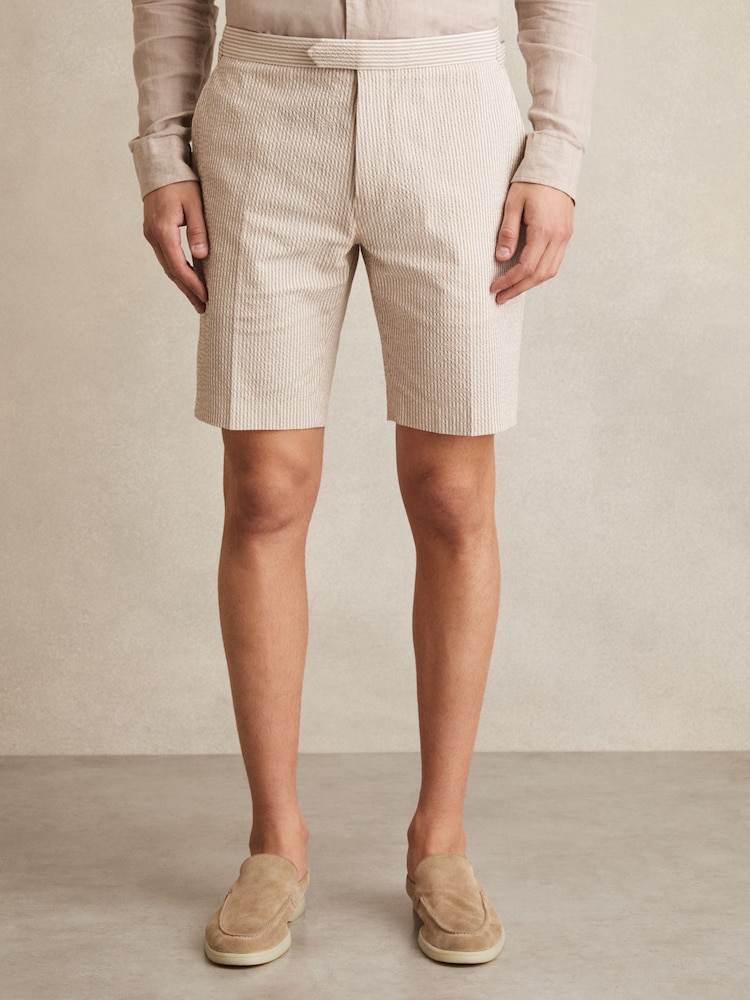 Reiss Oatmeal/White Bay Seersucker Stripe Tailored Shorts - Image 1 of 6