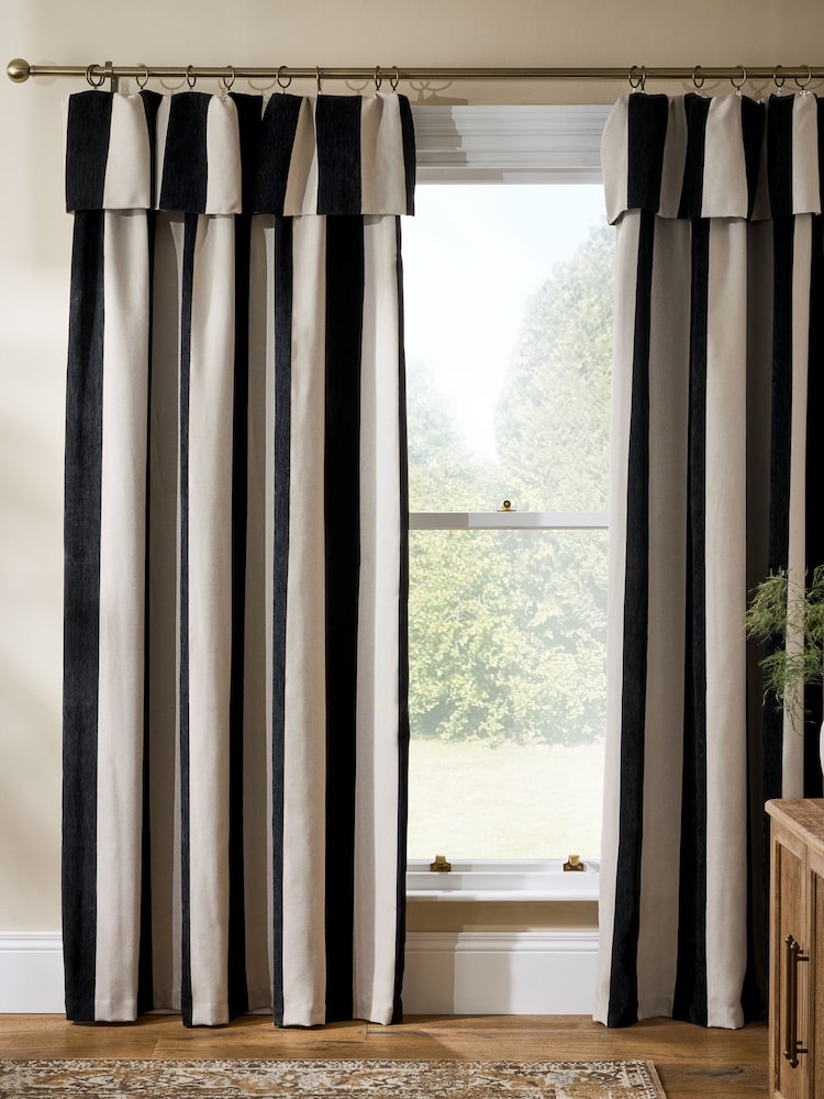 Black/Natural Chenille Stripe Ruffle Top Fold Over Lined Curtains - Image 2 of 6 Black/Natural Chenille Stripe Ruffle Top Fold Over Lined Curtains - Image 2 of 6