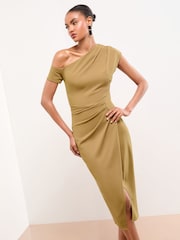 Lipsy Olive Green Off The Shoulder Gathered Waist Midi Dress - Image 1 of 4