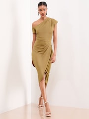Lipsy Olive Green Off The Shoulder Gathered Waist Midi Dress - Image 3 of 4