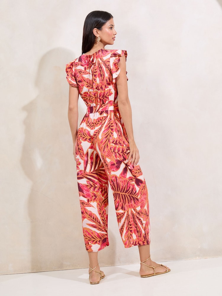 Lipsy Pink Palm Print Flutter Sleeve V-Neck Jumpsuit - Image 4 of 4 Lipsy Pink Palm Print Flutter Sleeve V-Neck Jumpsuit - Image 4 of 4