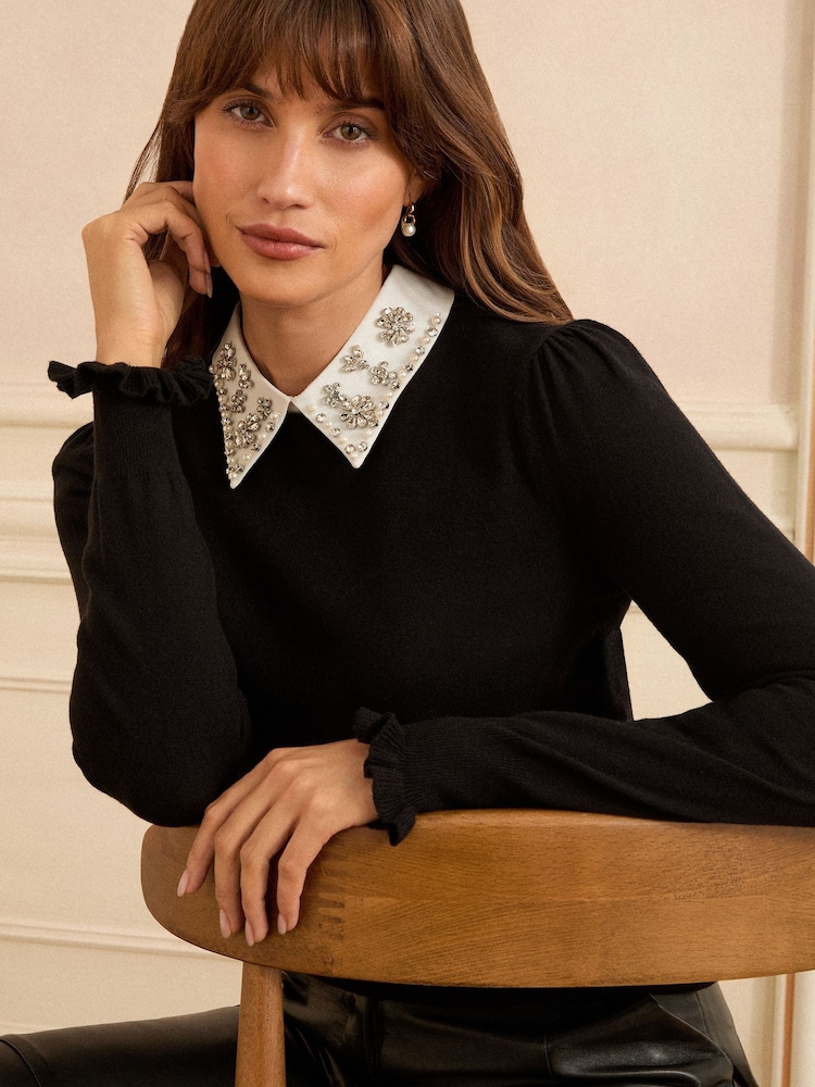 Love & Roses Black Woven Collar Knit Jumper - Image 1 of 4